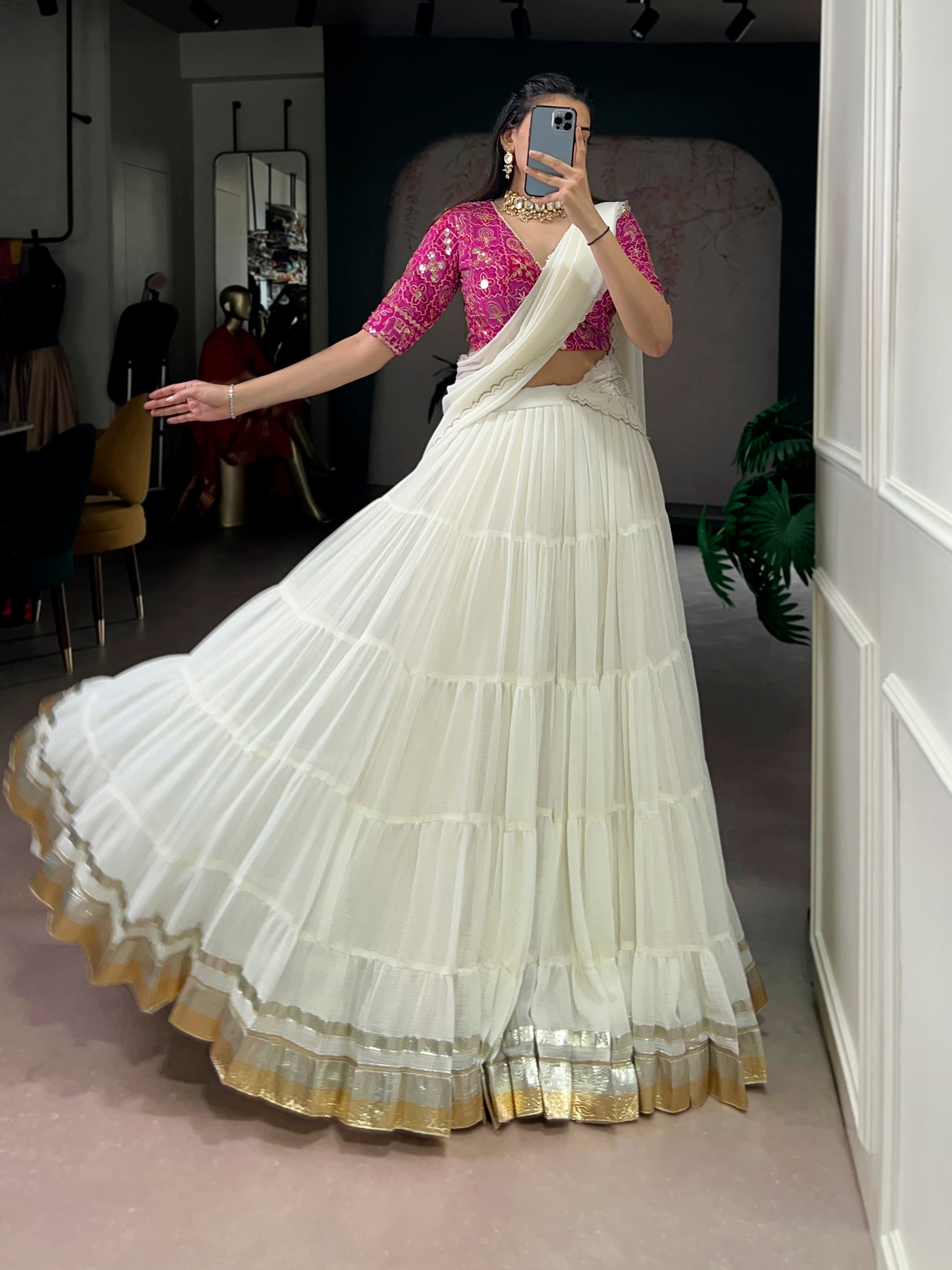 Lorenvalley Fashion White Marbel Fabric with Embossed Design Lace With Gota Patti Touch Up Lehenga Choli with Dupatta | Grocsy