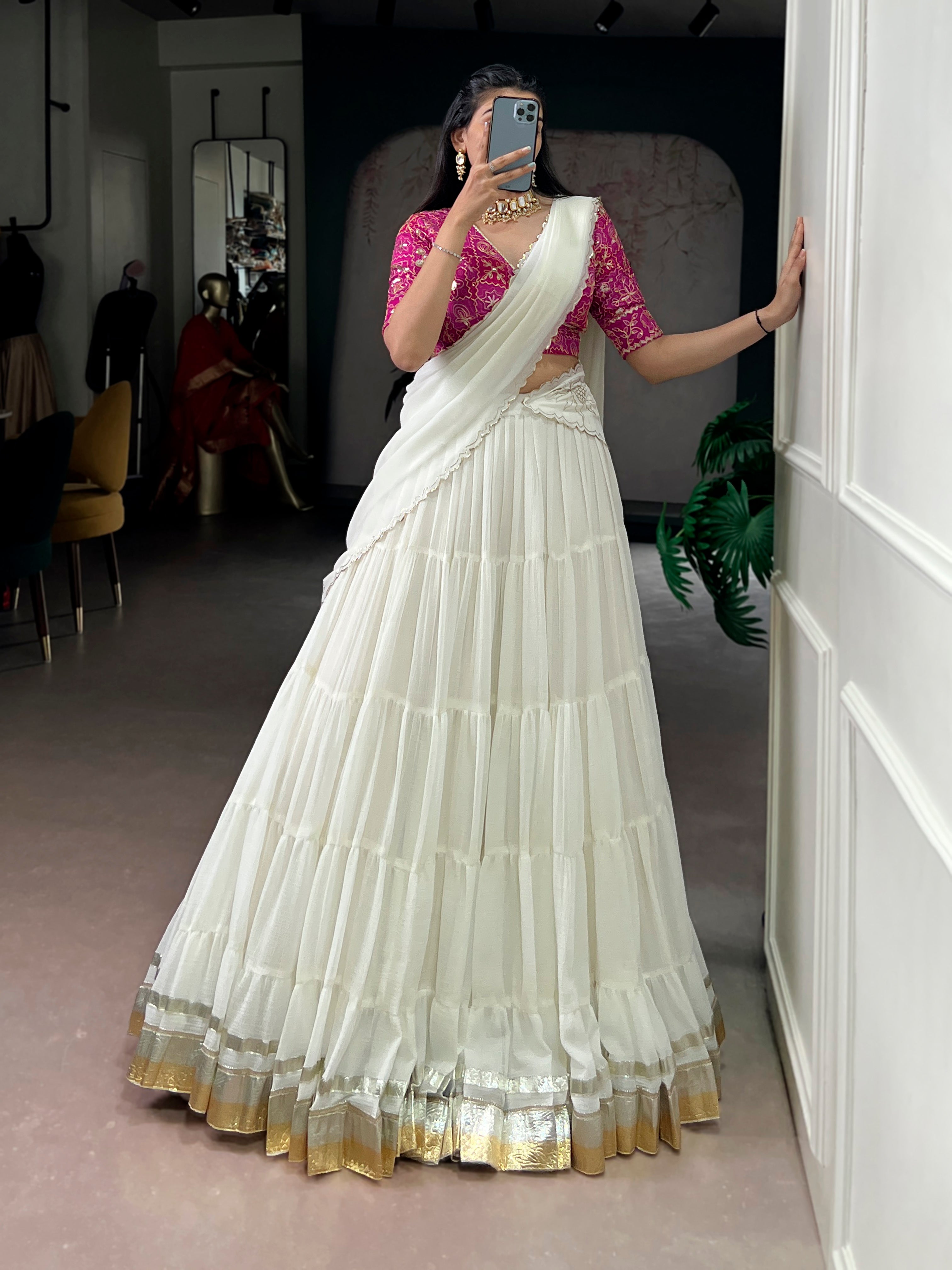 Lorenvalley Fashion White Marbel Fabric with Embossed Design Lace With Gota Patti Touch Up Lehenga Choli with Dupatta | Grocsy