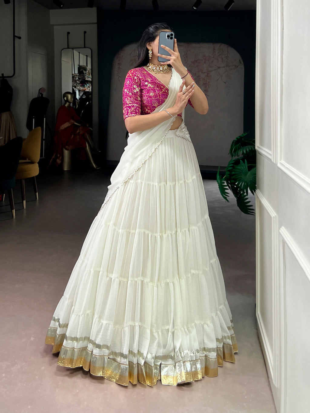 Lorenvalley Fashion White Marbel Fabric with Embossed Design Lace With Gota Patti Touch Up Lehenga Choli with Dupatta | Grocsy