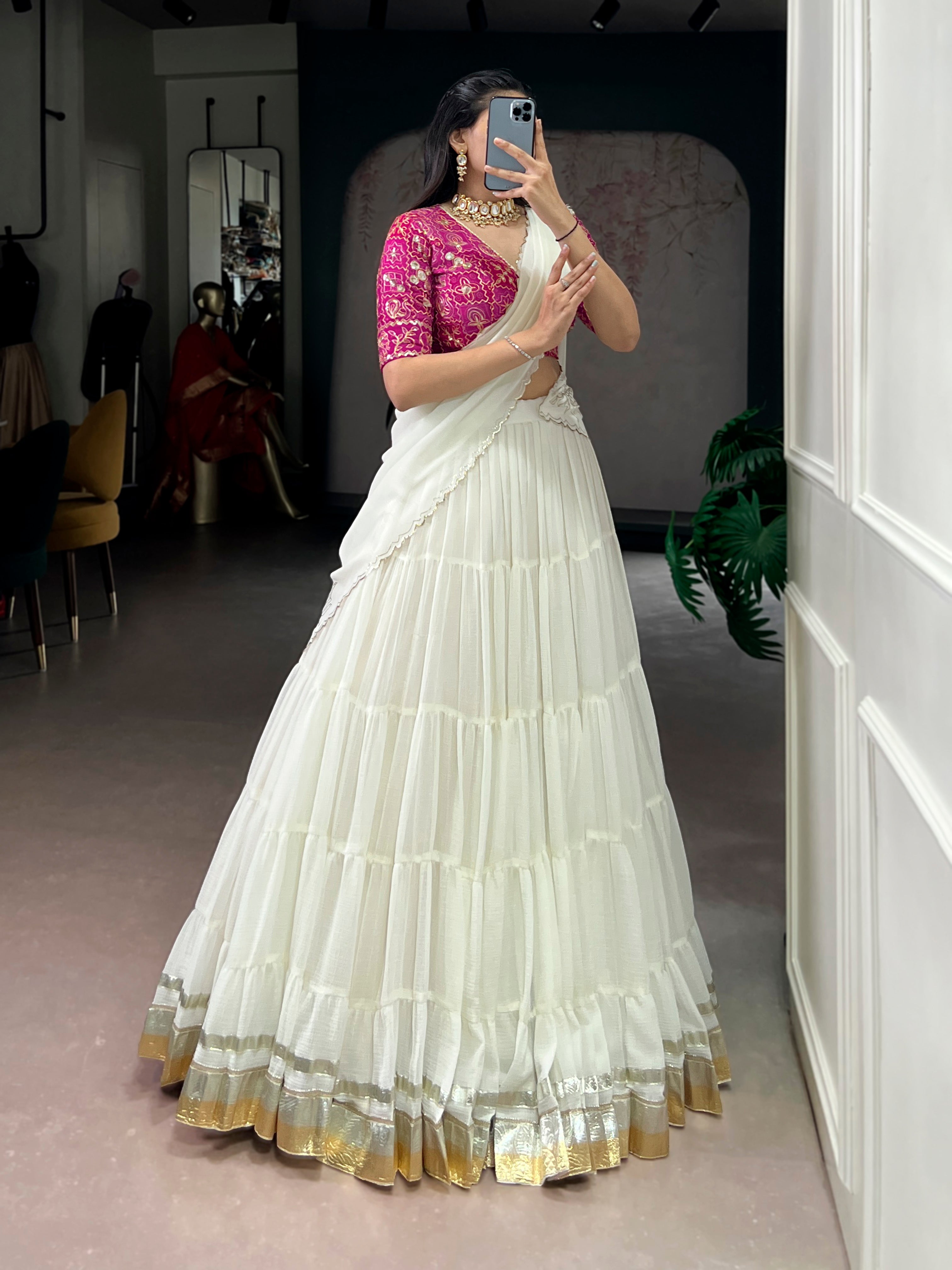 Lorenvalley Fashion White Marbel Fabric with Embossed Design Lace With Gota Patti Touch Up Lehenga Choli with Dupatta | Grocsy