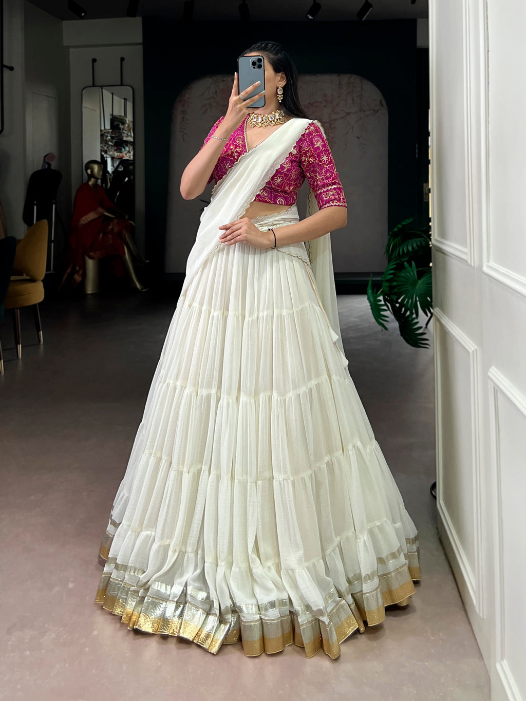 Lorenvalley Fashion White Marbel Fabric with Embossed Design Lace With Gota Patti Touch Up Lehenga Choli with Dupatta | Grocsy