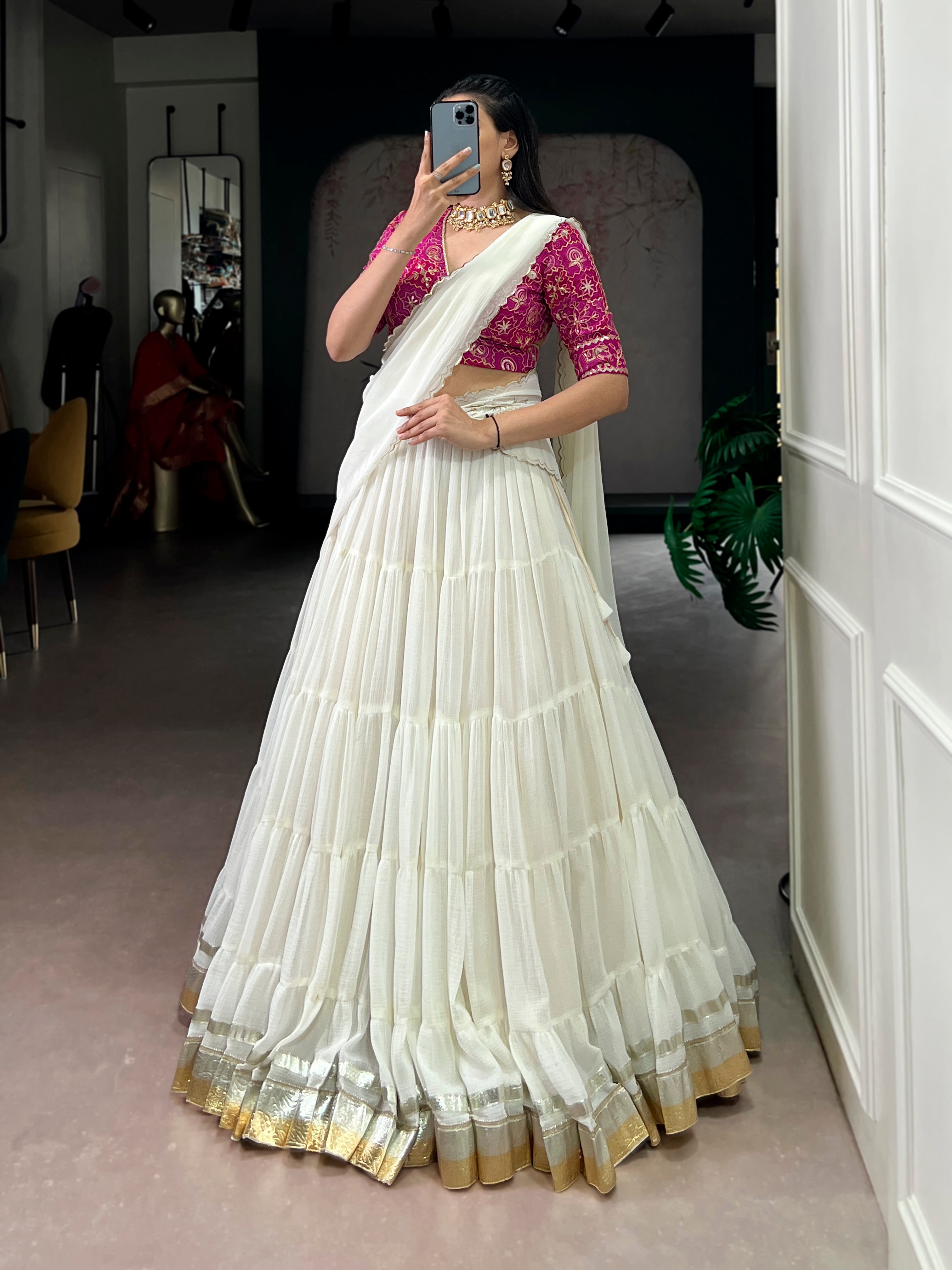 Lorenvalley Fashion White Marbel Fabric with Embossed Design Lace With Gota Patti Touch Up Lehenga Choli with Dupatta | Grocsy