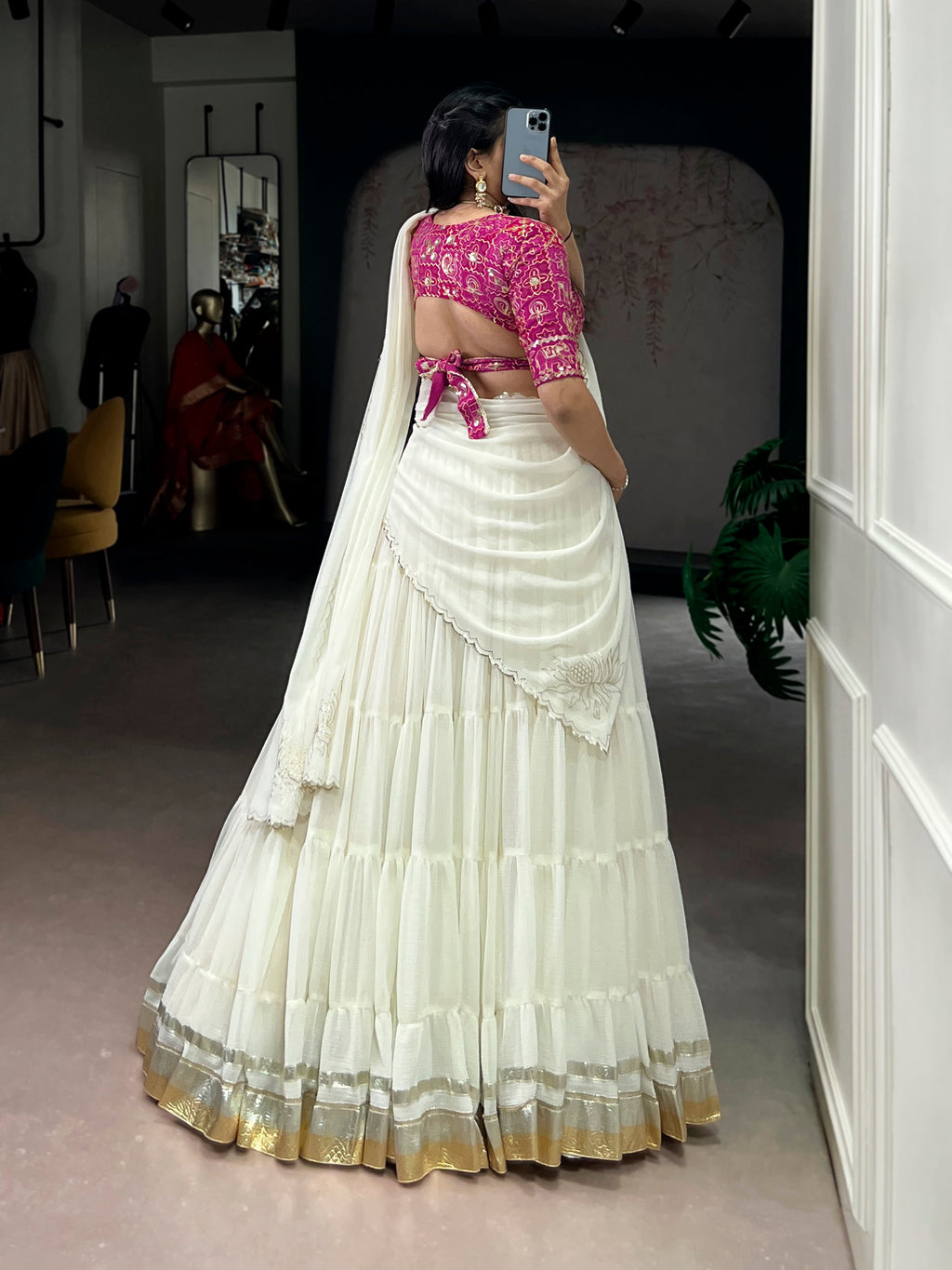 Lorenvalley Fashion White Marbel Fabric with Embossed Design Lace With Gota Patti Touch Up Lehenga Choli with Dupatta | Grocsy