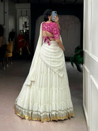 Lorenvalley Fashion White Marbel Fabric with Embossed Design Lace With Gota Patti Touch Up Lehenga Choli with Dupatta | Grocsy