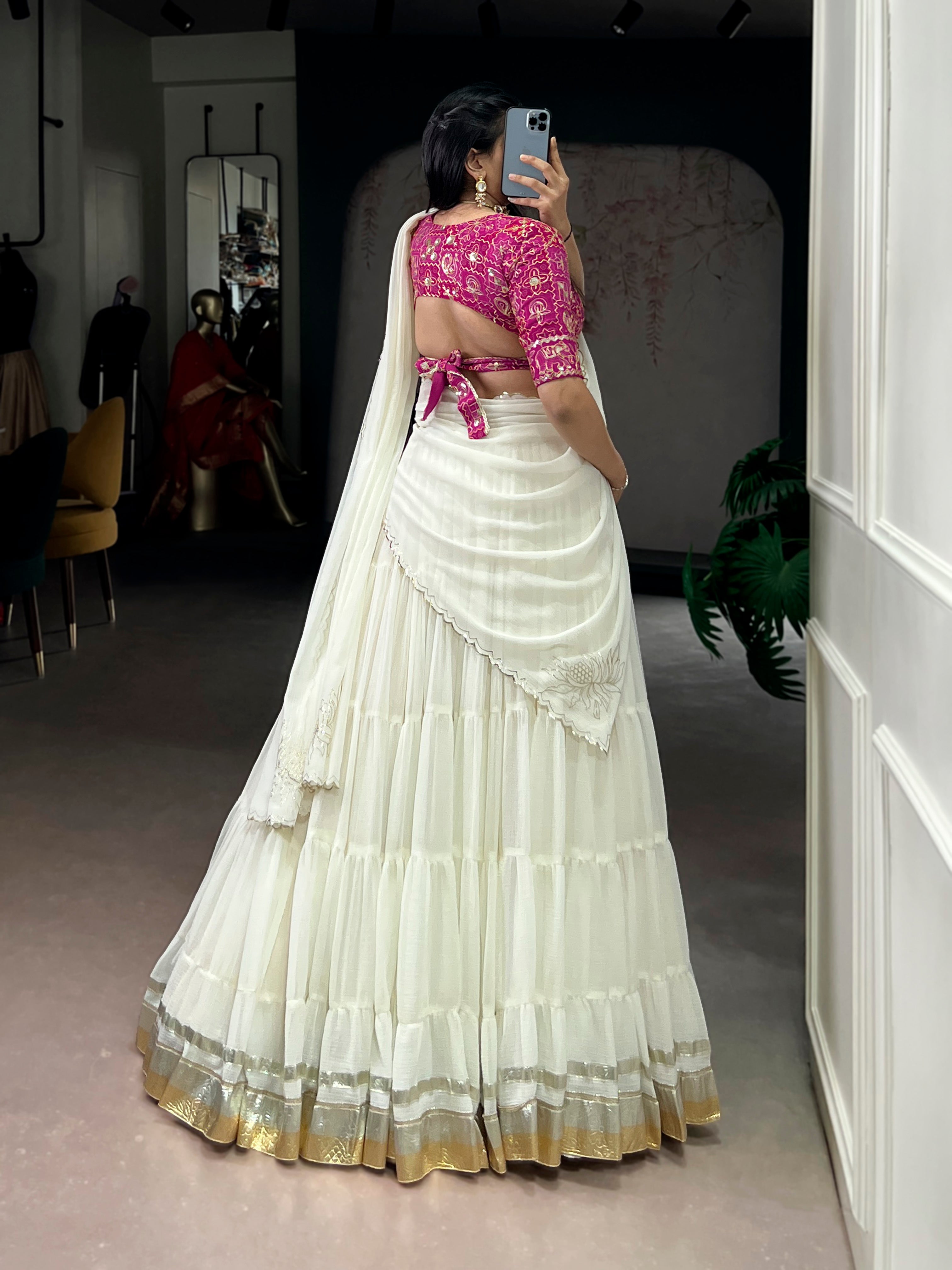 Lorenvalley Fashion White Marbel Fabric with Embossed Design Lace With Gota Patti Touch Up Lehenga Choli with Dupatta | Grocsy