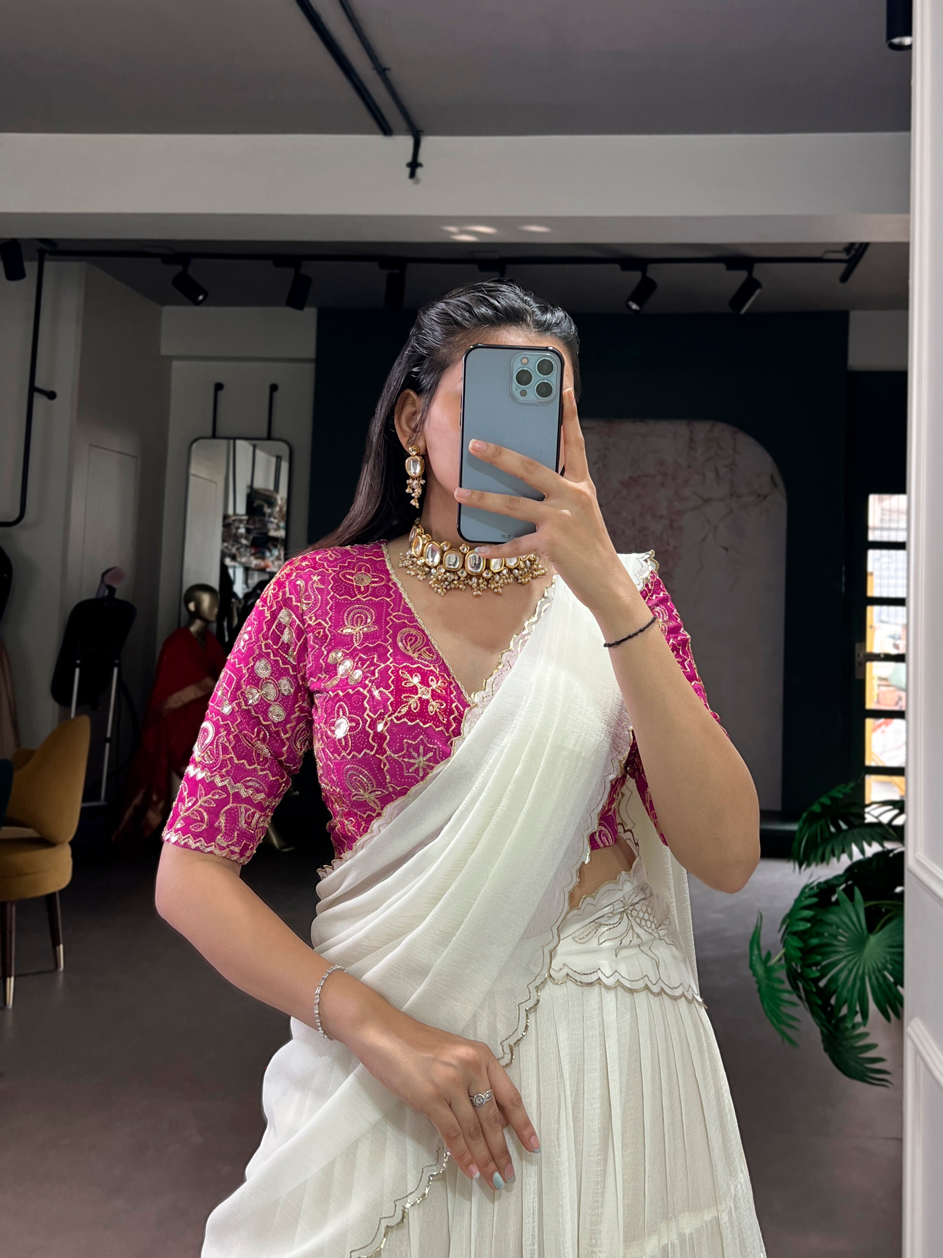 Lorenvalley Fashion White Marbel Fabric with Embossed Design Lace With Gota Patti Touch Up Lehenga Choli with Dupatta | Grocsy