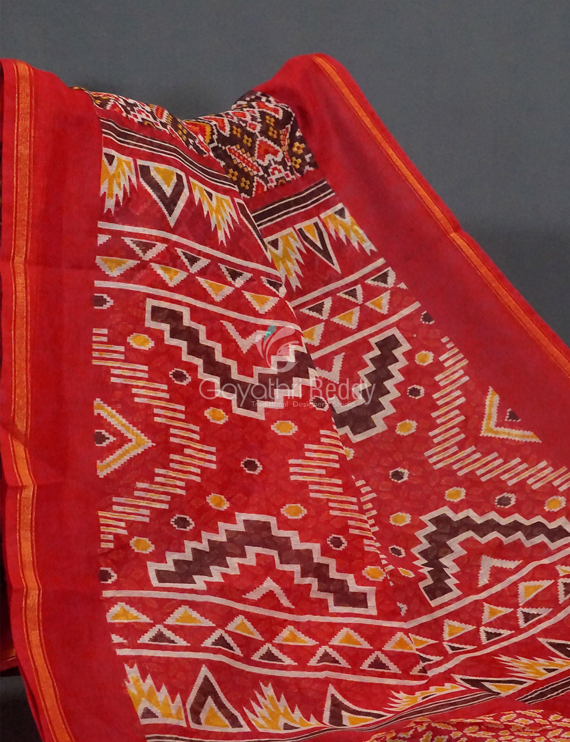 Brown And Red Coloured Patola Print Semi Chanderi Saree By Gayathri Reddy Designer Studio | Grocsy
