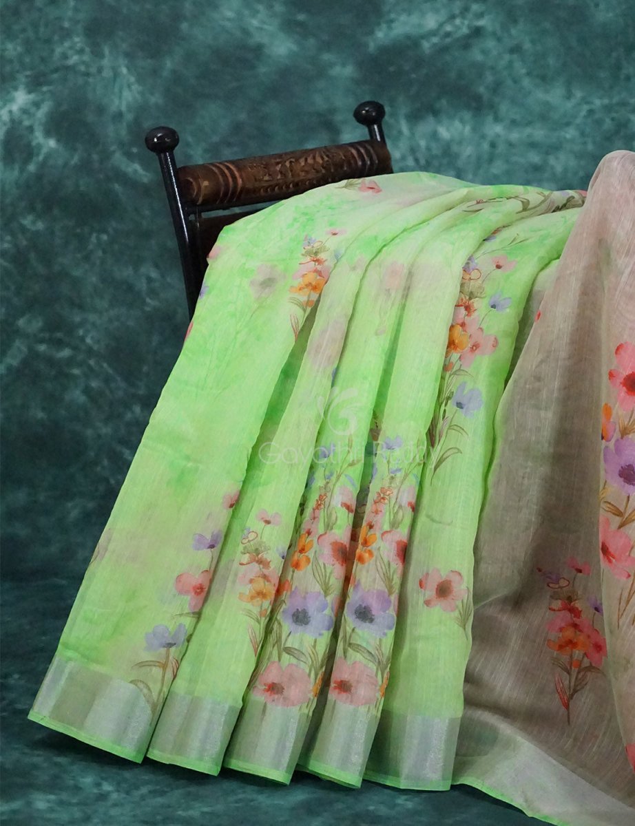 Baby Apple Green Colour Floral Printed Semi Chanderi Saree By Gayathri Reddy Designer Studio | Grocsy