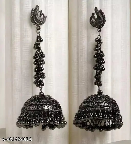 Tehzeeb Creations Women's Black Colour Oxidised Peacock Design Earrings | Grocsy