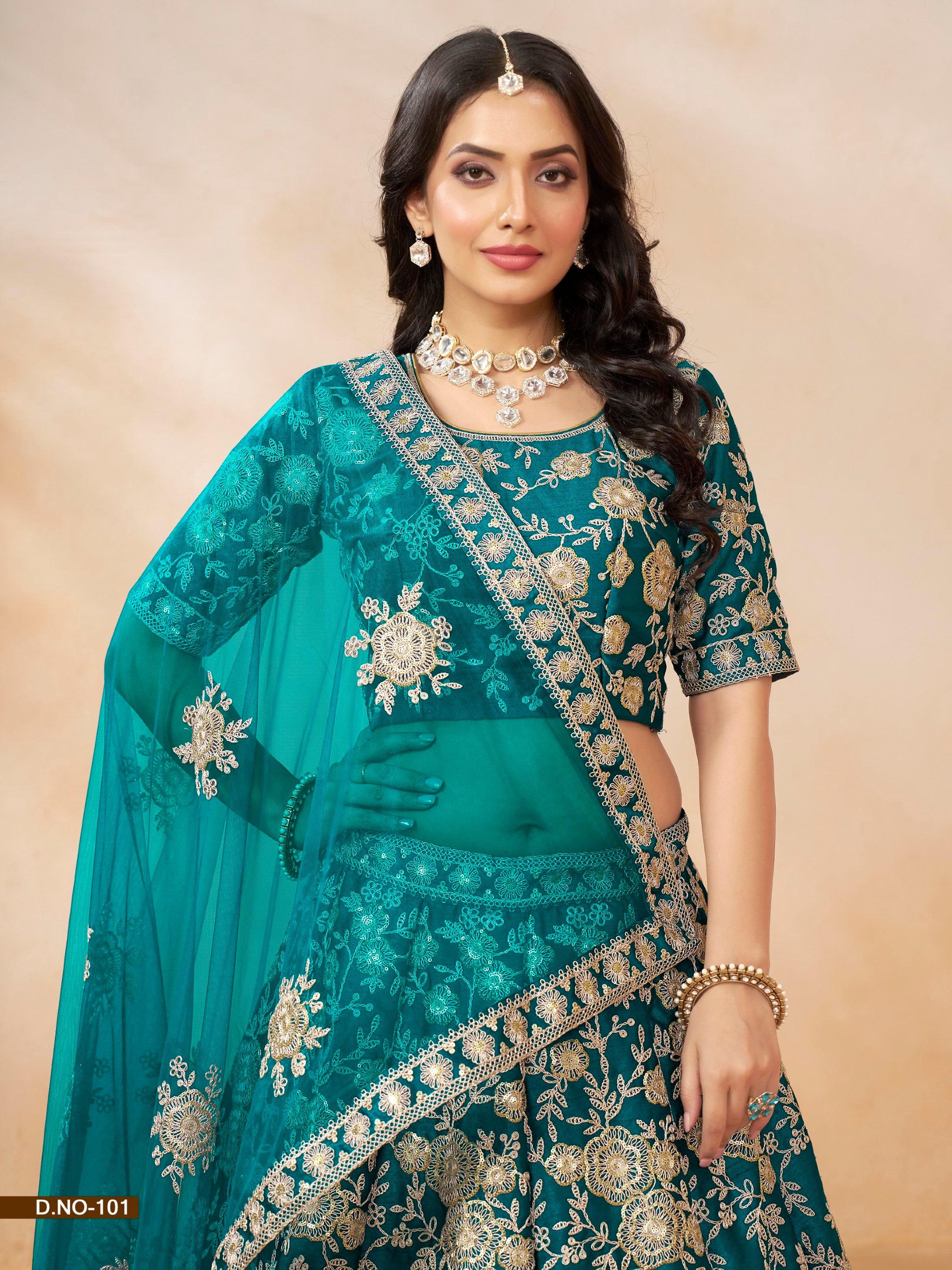 Anaita Teal Green Embroidered Heavy Art Silk Designer Lehenga With Blouse | Grocsy