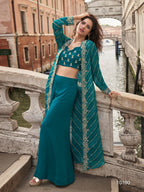Anaita Emerald Chinon Silk Stitched Shrug Suit With Embroidery Sequence Work | Grocsy