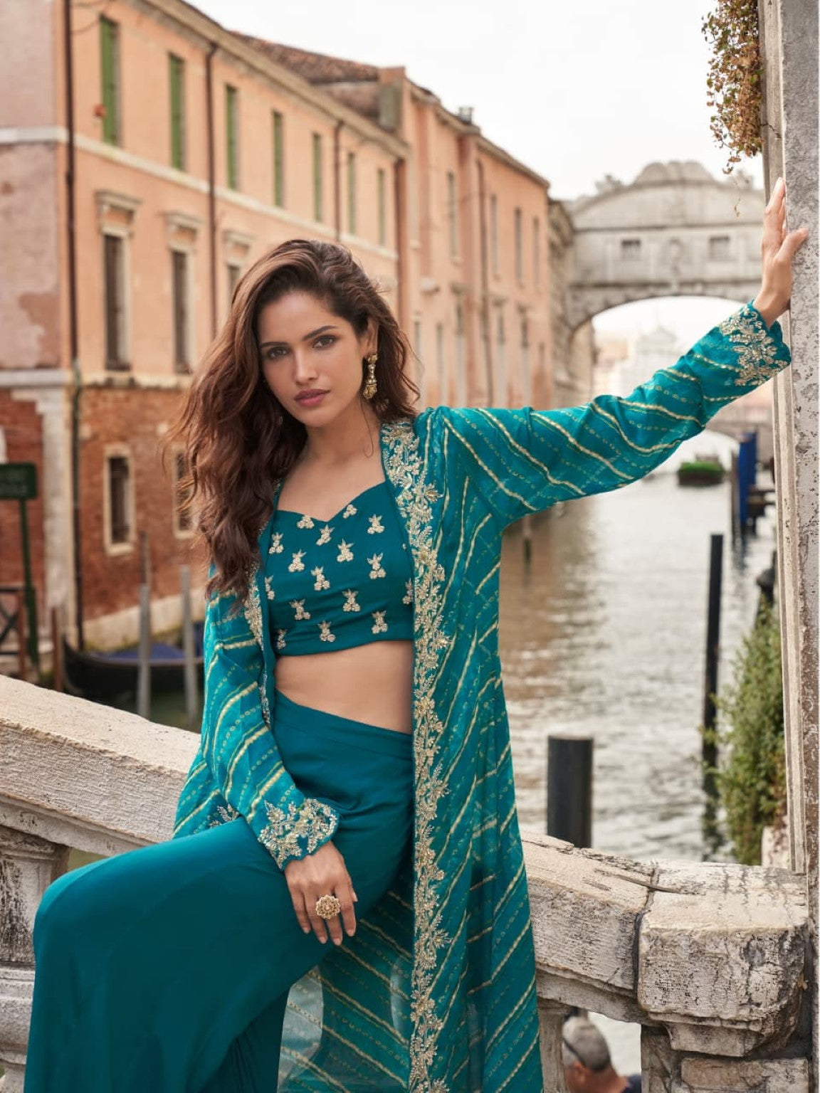 Anaita Emerald Chinon Silk Stitched Shrug Suit With Embroidery Sequence Work | Grocsy