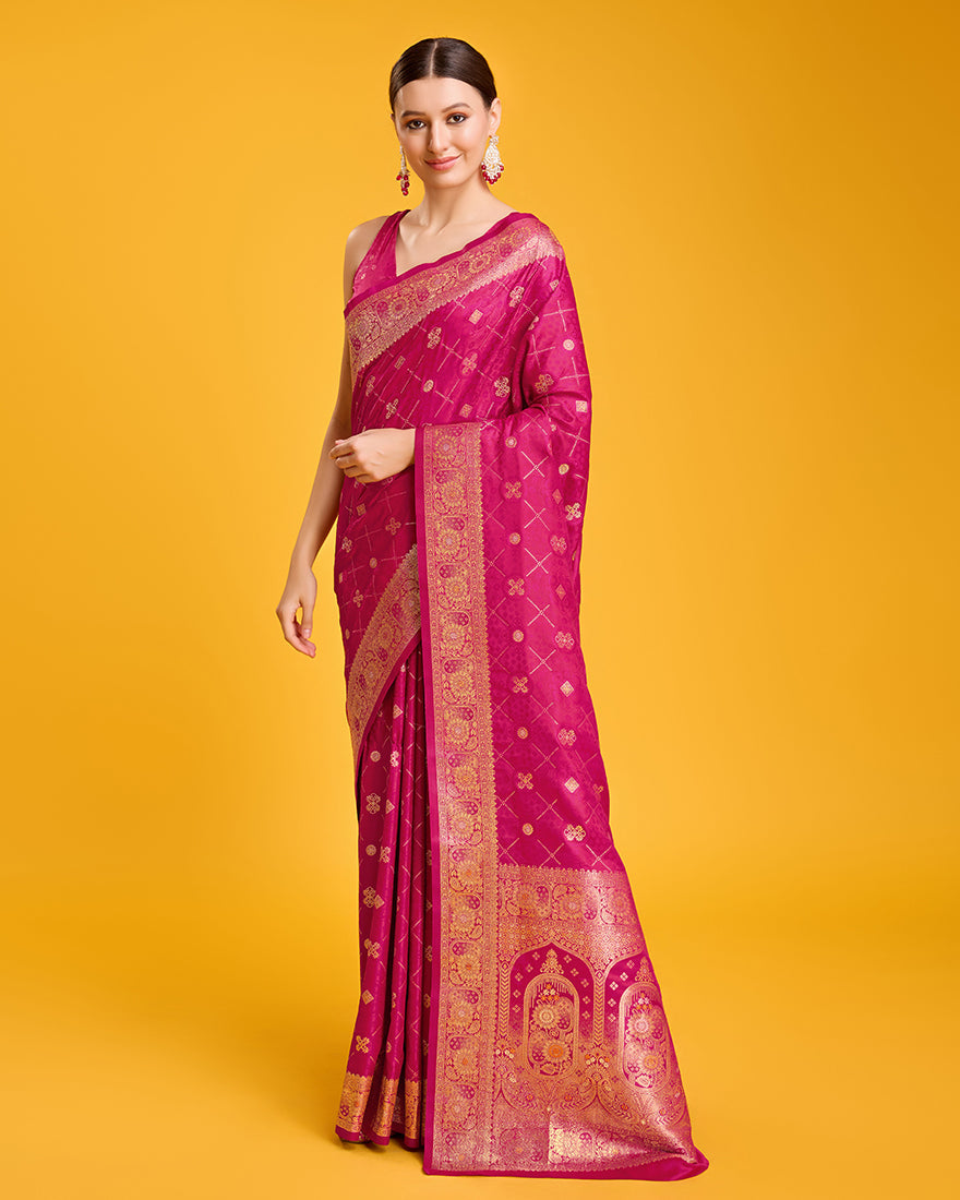 Monjolika Fashion Blushing Magenta Banarasi Satin Zari Woven Work Enhanced Elegance Silk Saree | Grocsy