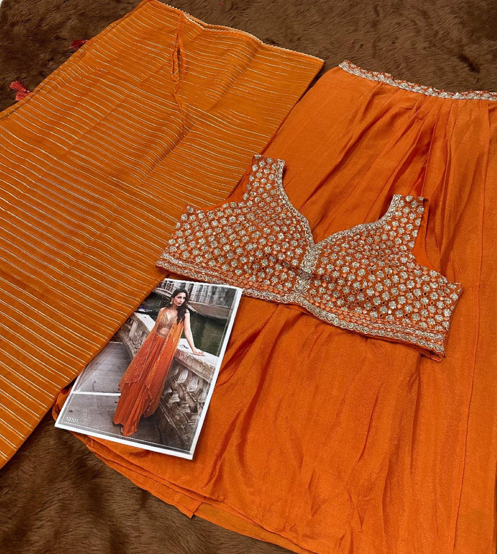Anaita Orange Chinon Silk Stitched Shrug Suit With Embroidery Sequence Work | Grocsy