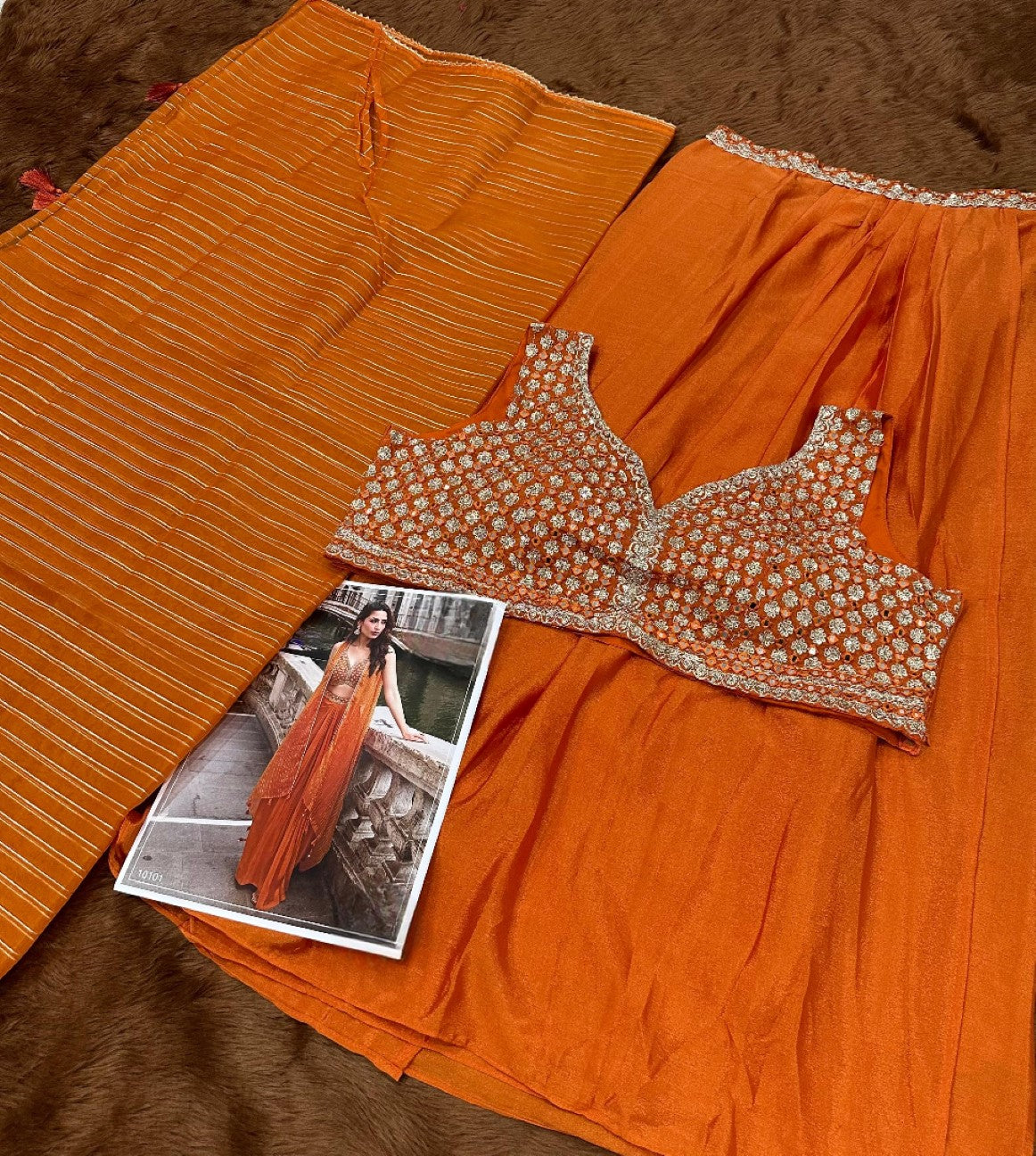 Anaita Orange Chinon Silk Stitched Shrug Suit With Embroidery Sequence Work | Grocsy