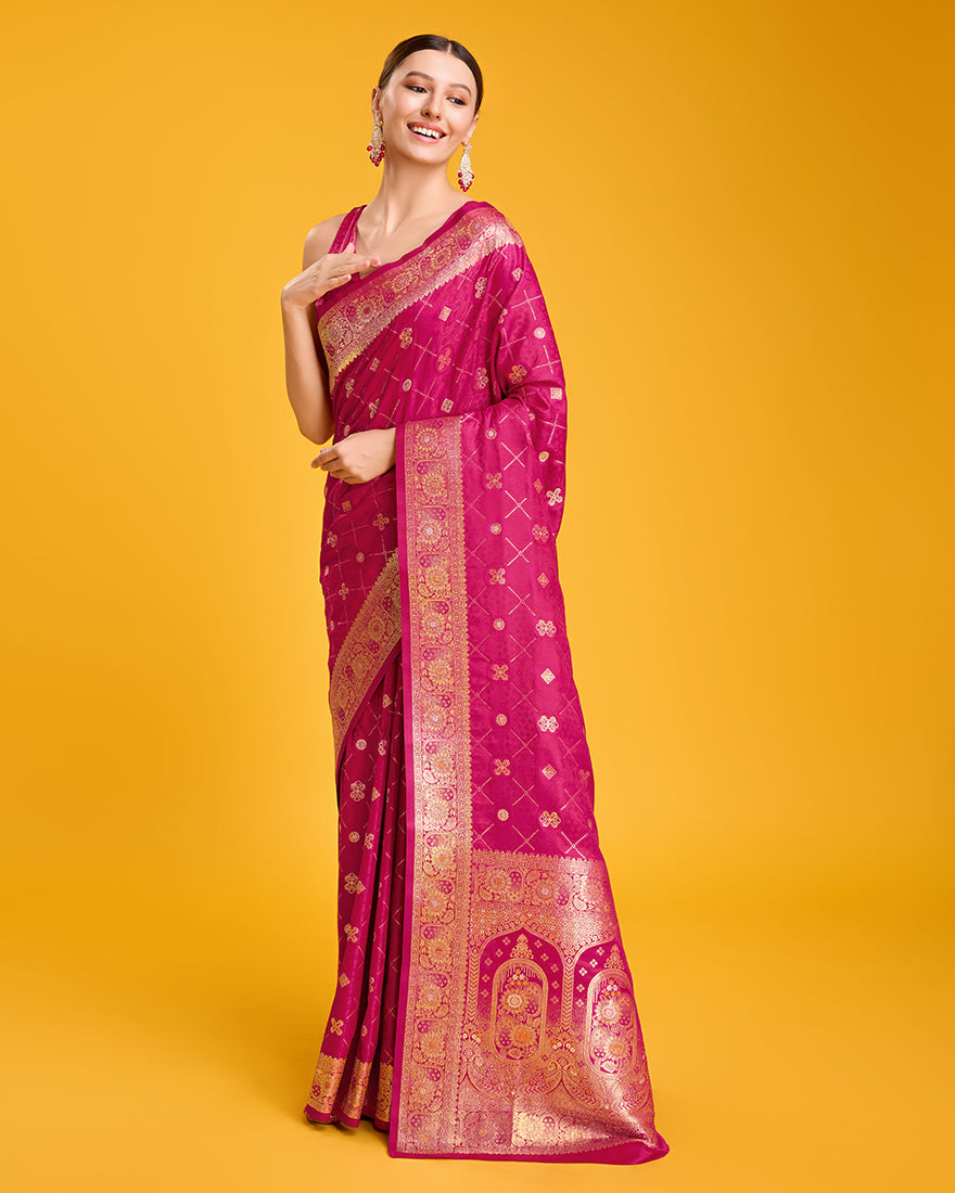 Monjolika Fashion Blushing Magenta Banarasi Satin Zari Woven Work Enhanced Elegance Silk Saree | Grocsy