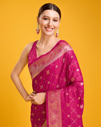 Monjolika Fashion Blushing Magenta Banarasi Satin Zari Woven Work Enhanced Elegance Silk Saree | Grocsy