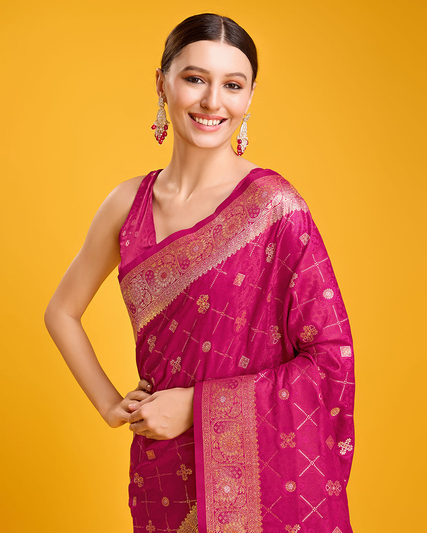 Monjolika Fashion Blushing Magenta Banarasi Satin Zari Woven Work Enhanced Elegance Silk Saree | Grocsy