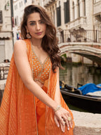 Anaita Orange Chinon Silk Stitched Shrug Suit With Embroidery Sequence Work | Grocsy