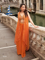 Anaita Orange Chinon Silk Stitched Shrug Suit With Embroidery Sequence Work | Grocsy