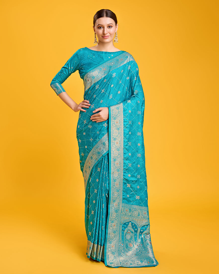 Monjolika Fashion Blushing Cyan Color Banarasi Satin Zari Woven Work Enhanced Elegance Silk Saree | Grocsy