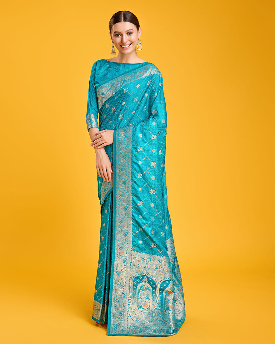 Monjolika Fashion Blushing Cyan Color Banarasi Satin Zari Woven Work Enhanced Elegance Silk Saree | Grocsy