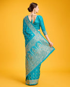 Monjolika Fashion Blushing Cyan Color Banarasi Satin Zari Woven Work Enhanced Elegance Silk Saree | Grocsy