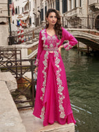 Anaita Magenta Chinon Silk Stitched Shrug Suit With Embroidery Sequence Work | Grocsy