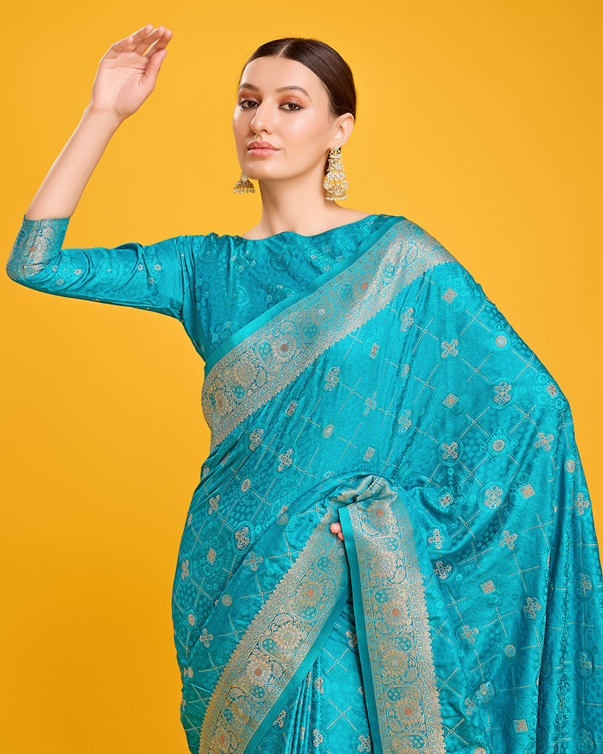 Monjolika Fashion Blushing Cyan Color Banarasi Satin Zari Woven Work Enhanced Elegance Silk Saree | Grocsy