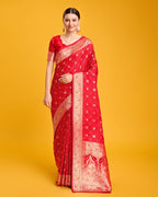 Monjolika Fashion Blushing Red Banarasi Satin Zari Woven Work Enhanced Elegance Silk Saree | Grocsy