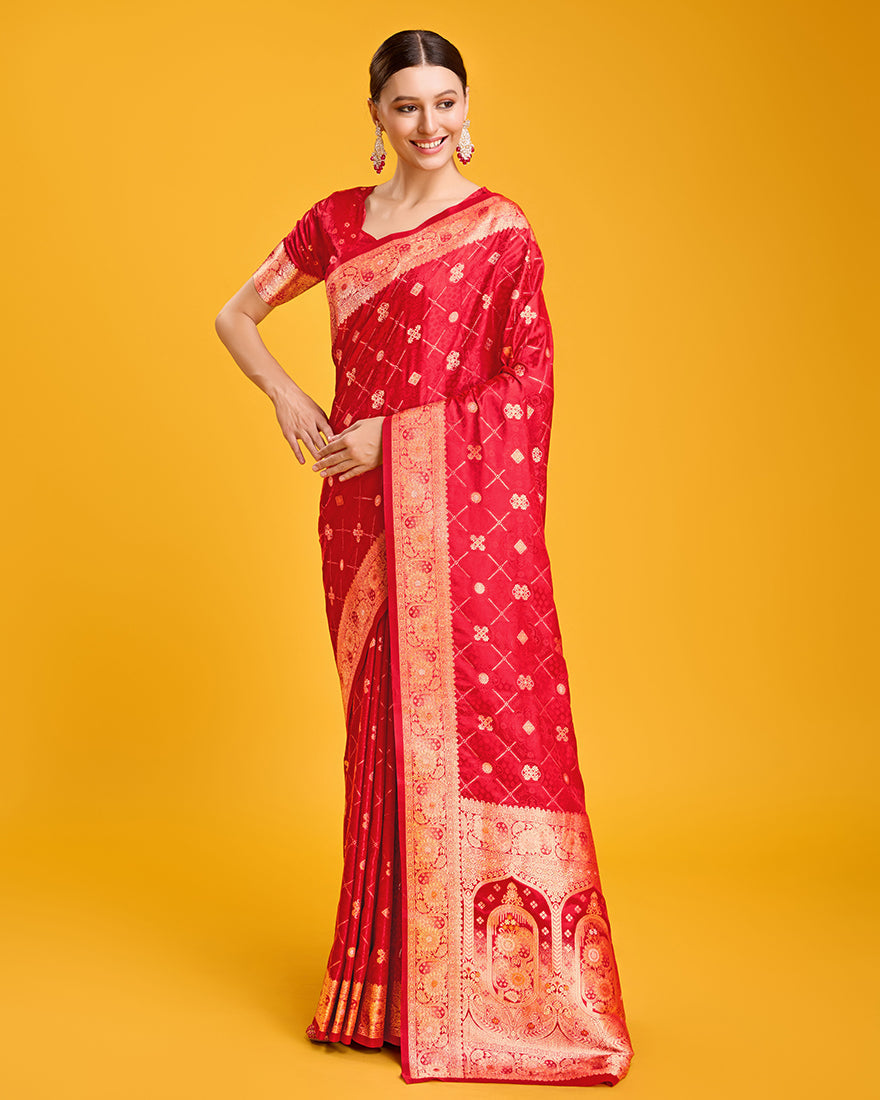 Monjolika Fashion Blushing Red Banarasi Satin Zari Woven Work Enhanced Elegance Silk Saree | Grocsy