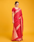 Monjolika Fashion Blushing Red Banarasi Satin Zari Woven Work Enhanced Elegance Silk Saree | Grocsy
