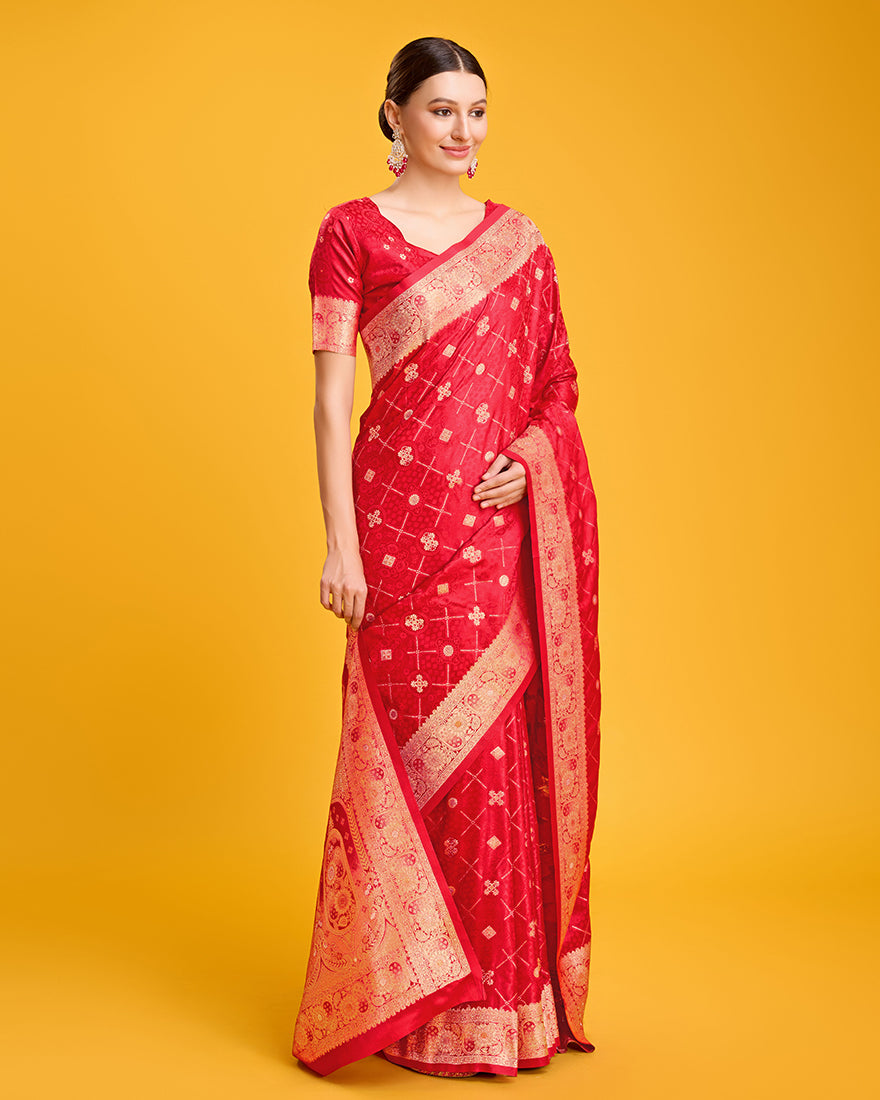 Monjolika Fashion Blushing Red Banarasi Satin Zari Woven Work Enhanced Elegance Silk Saree | Grocsy