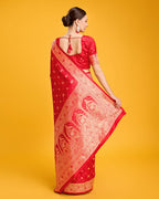 Monjolika Fashion Blushing Red Banarasi Satin Zari Woven Work Enhanced Elegance Silk Saree | Grocsy
