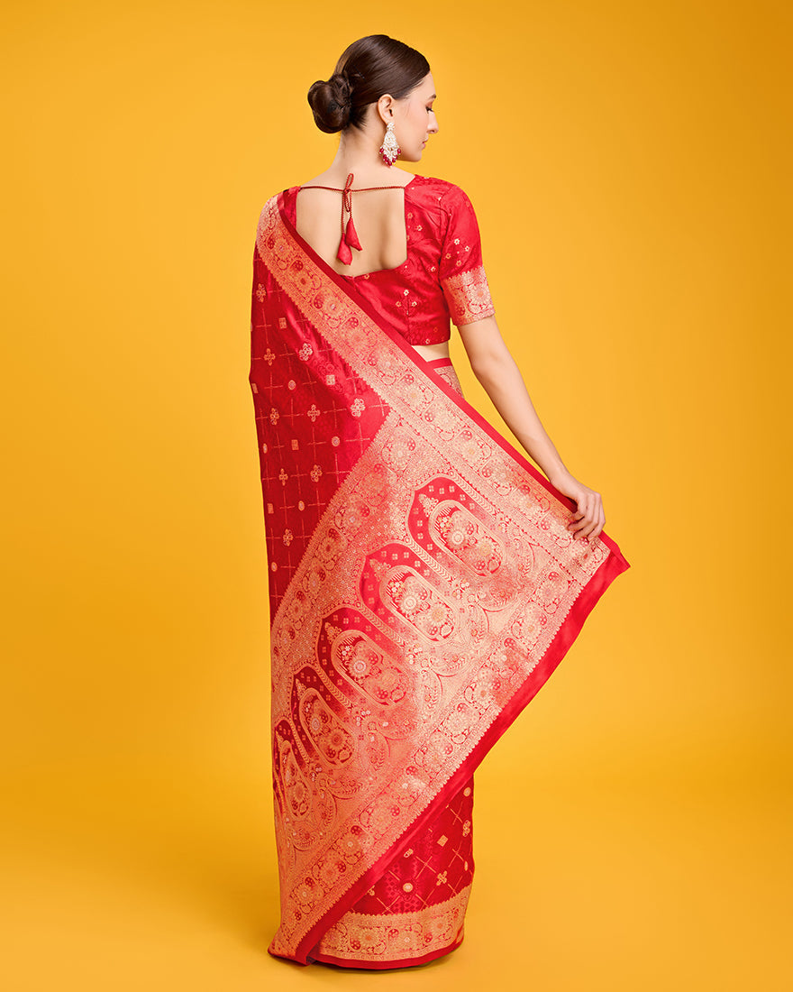 Monjolika Fashion Blushing Red Banarasi Satin Zari Woven Work Enhanced Elegance Silk Saree | Grocsy