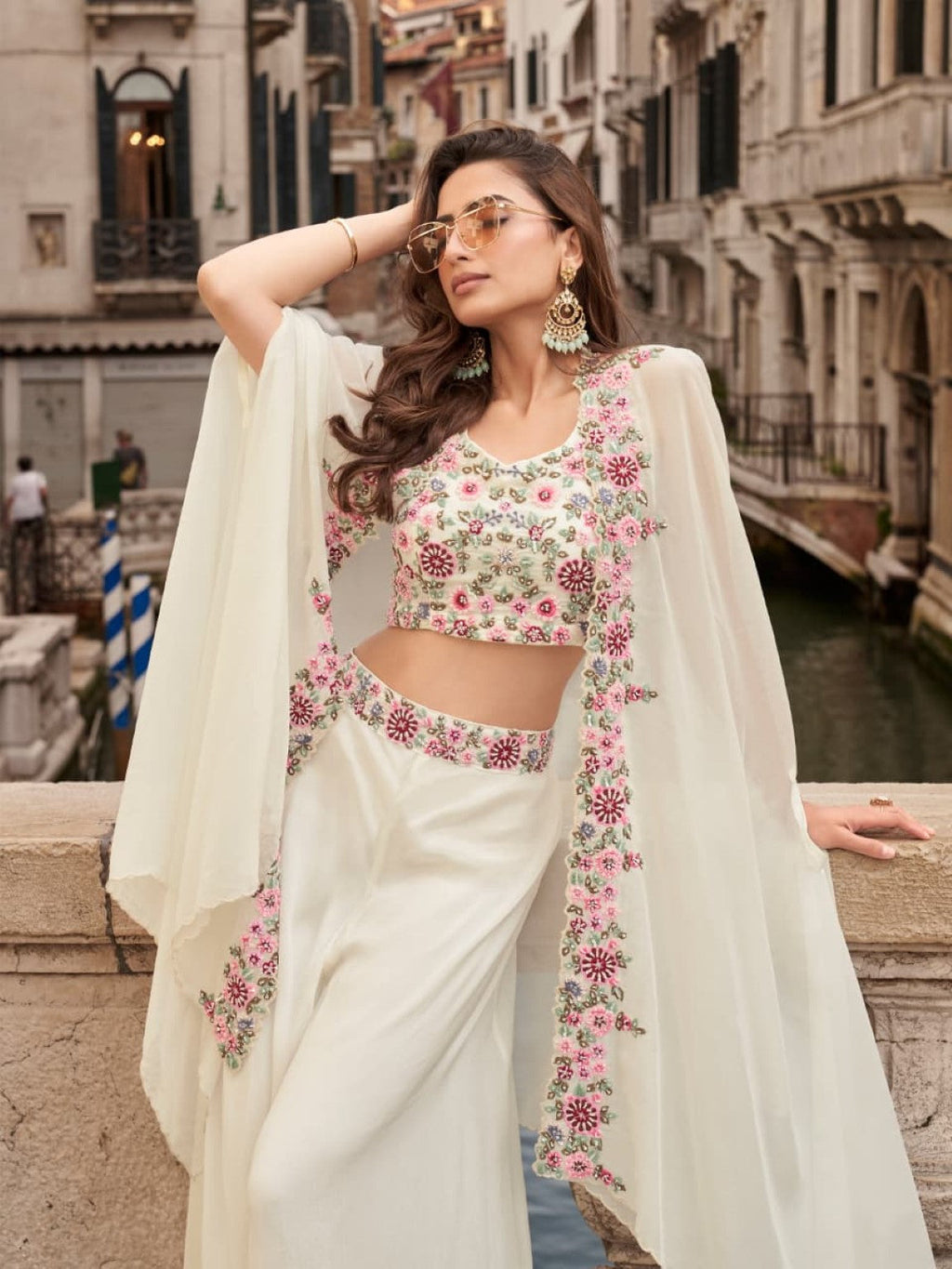 Anaita White Chinon Silk Stitched Shrug Suit With Embroidery Sequence Work | Grocsy