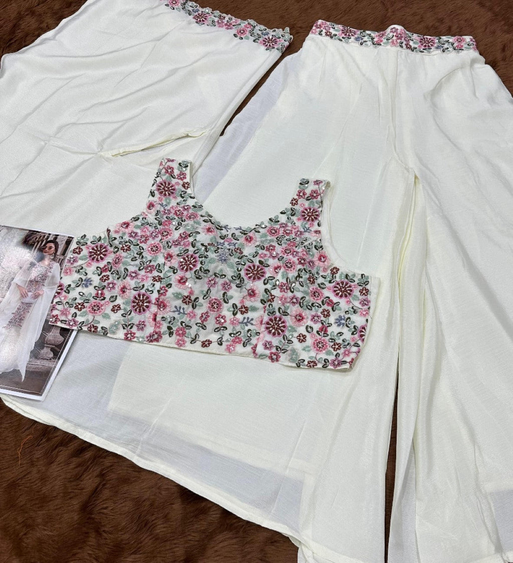 Anaita White Chinon Silk Stitched Shrug Suit With Embroidery Sequence Work | Grocsy