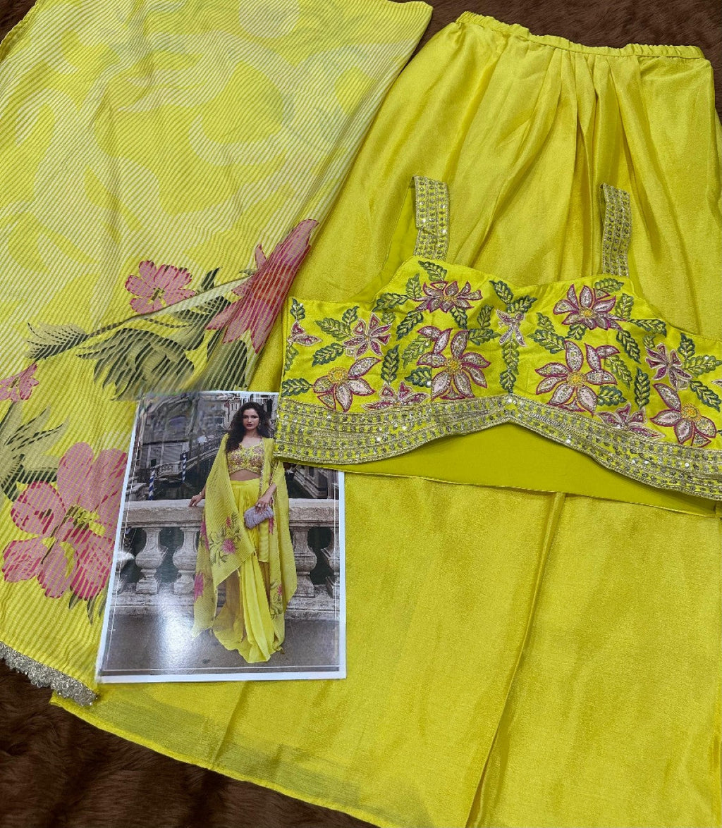 Anaita Yellow Chinon Silk Stitched Shrug Suit With Embroidery Sequence Work | Grocsy