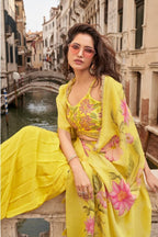 Anaita Yellow Chinon Silk Stitched Shrug Suit With Embroidery Sequence Work | Grocsy