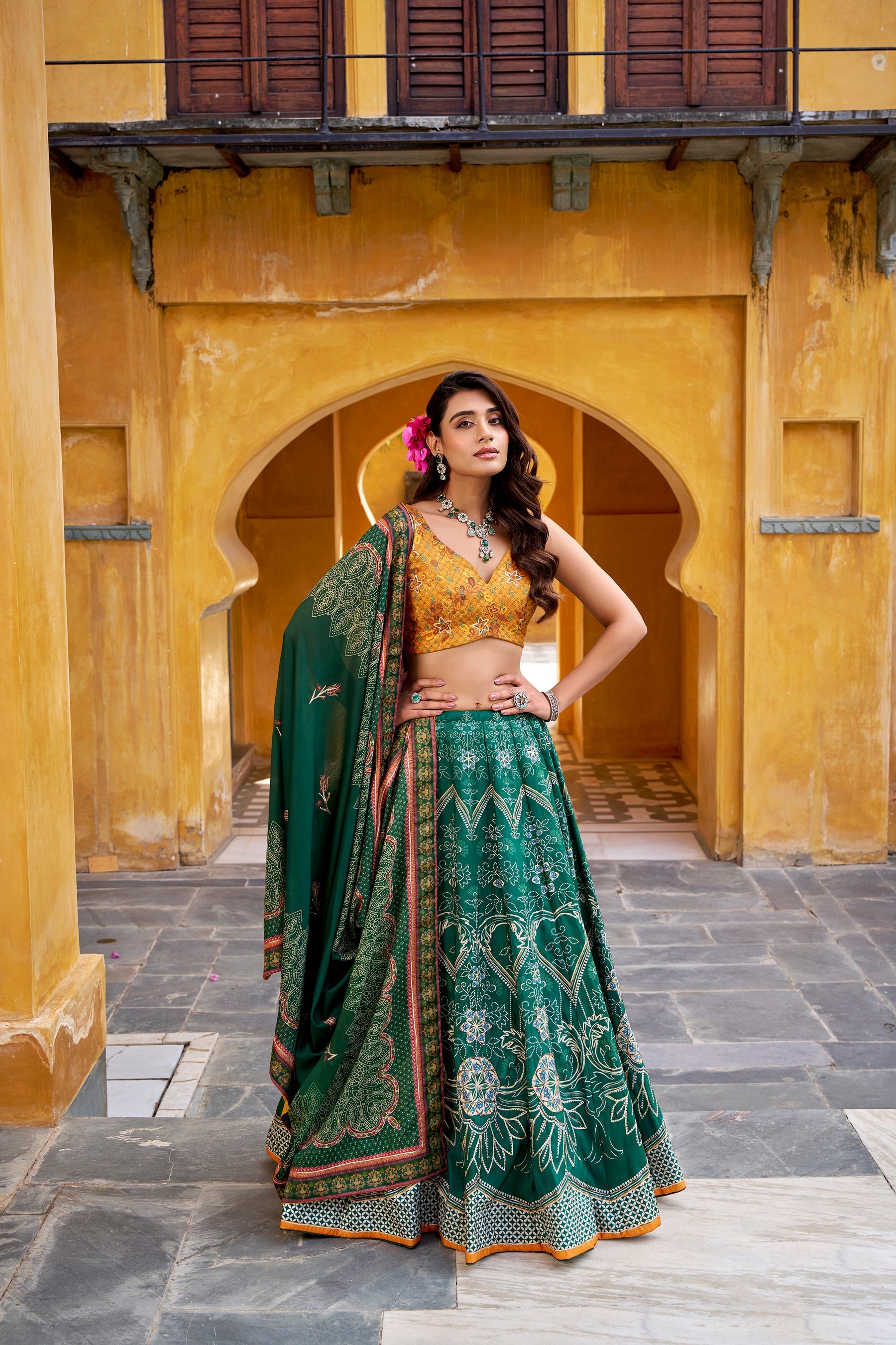 Lorenvalley Fashion Green Vaishali silk Printed with Beads Work and Gota Patti Lace Lehenga Choli with Dupatta | Grocsy
