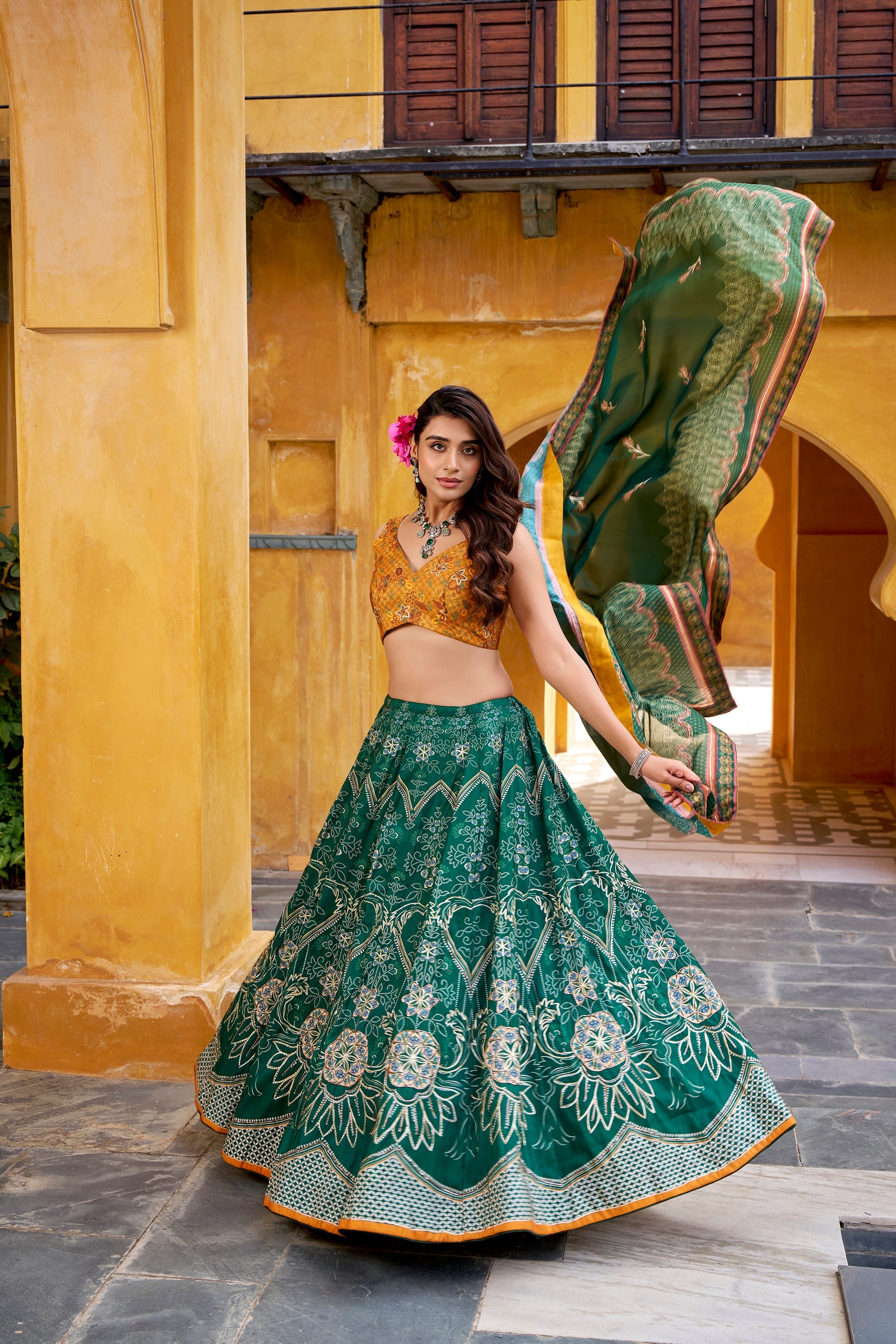 Lorenvalley Fashion Green Vaishali silk Printed with Beads Work and Gota Patti Lace Lehenga Choli with Dupatta | Grocsy