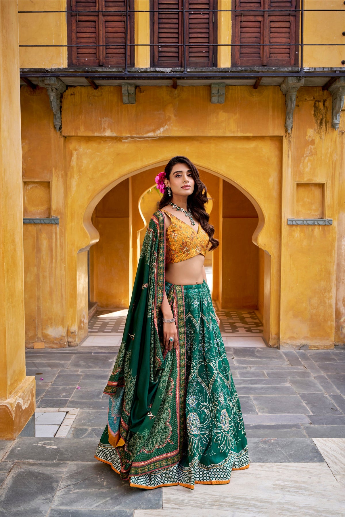 Lorenvalley Fashion Green Vaishali silk Printed with Beads Work and Gota Patti Lace Lehenga Choli with Dupatta | Grocsy