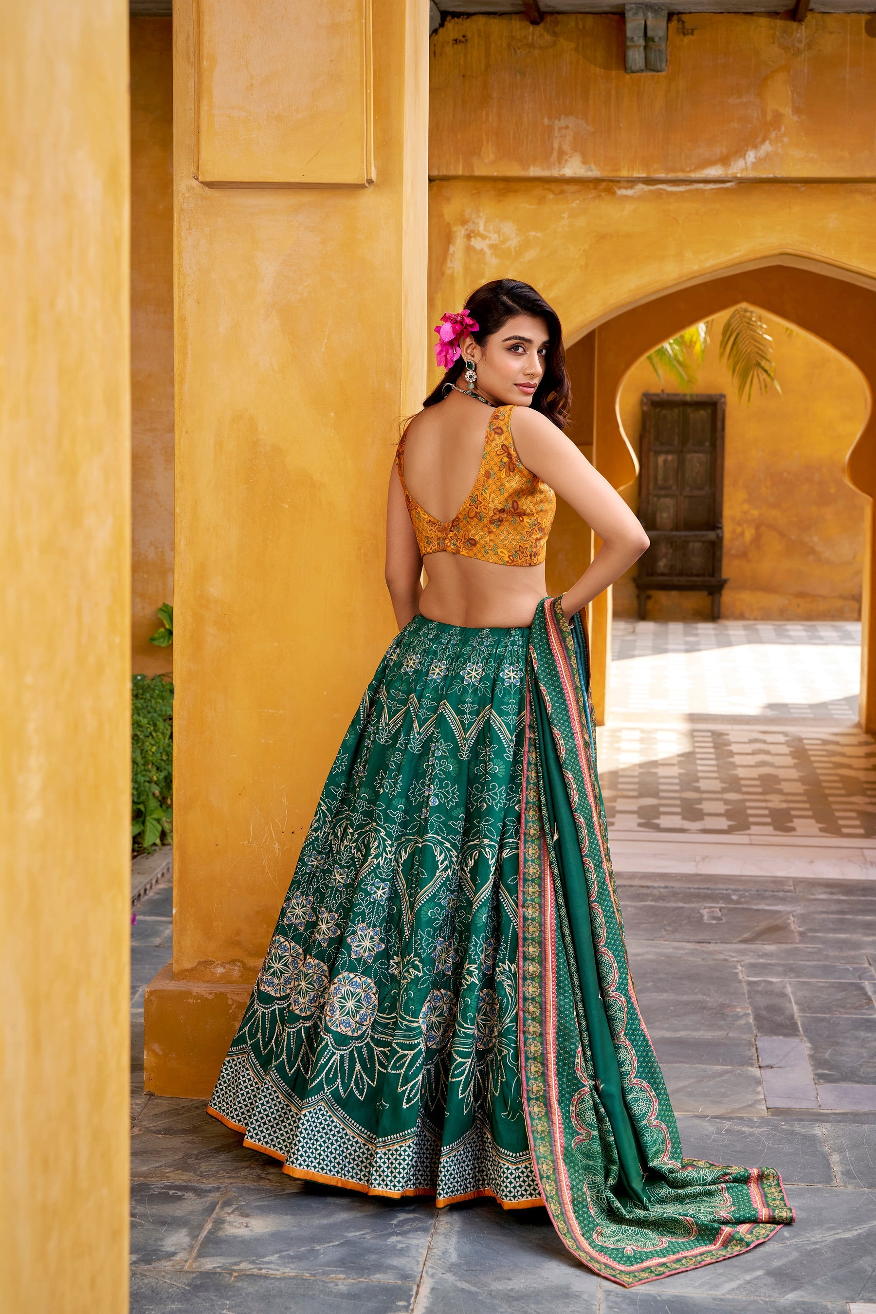 Lorenvalley Fashion Green Vaishali silk Printed with Beads Work and Gota Patti Lace Lehenga Choli with Dupatta | Grocsy