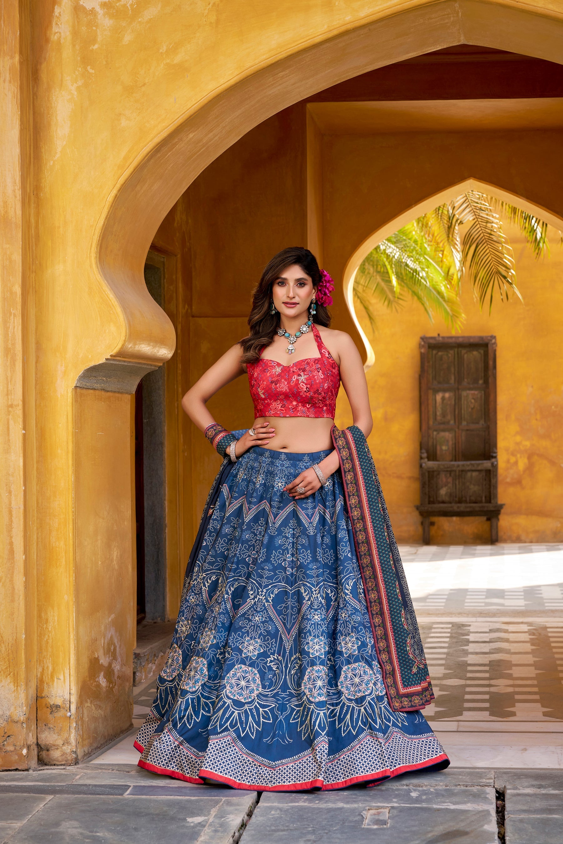 Lorenvalley Fashion Blue Vaishali silk Printed with Beads Work and Gota Patti Lace Lehenga Choli with Dupatta | Grocsy