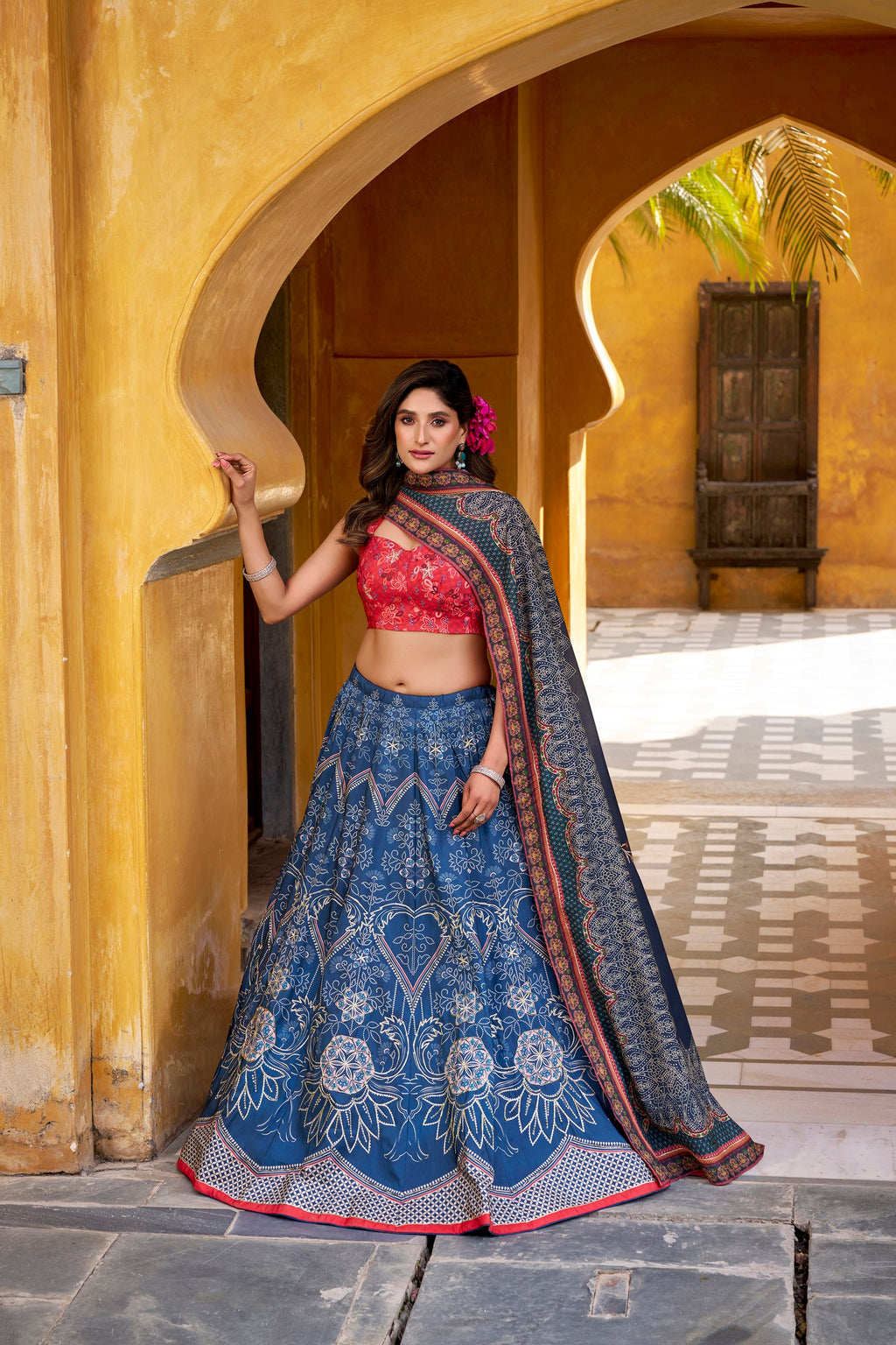 Lorenvalley Fashion Blue Vaishali silk Printed with Beads Work and Gota Patti Lace Lehenga Choli with Dupatta | Grocsy