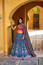 Lorenvalley Fashion Blue Vaishali silk Printed with Beads Work and Gota Patti Lace Lehenga Choli with Dupatta | Grocsy
