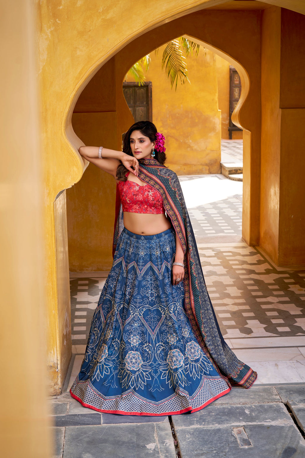 Lorenvalley Fashion Blue Vaishali silk Printed with Beads Work and Gota Patti Lace Lehenga Choli with Dupatta | Grocsy