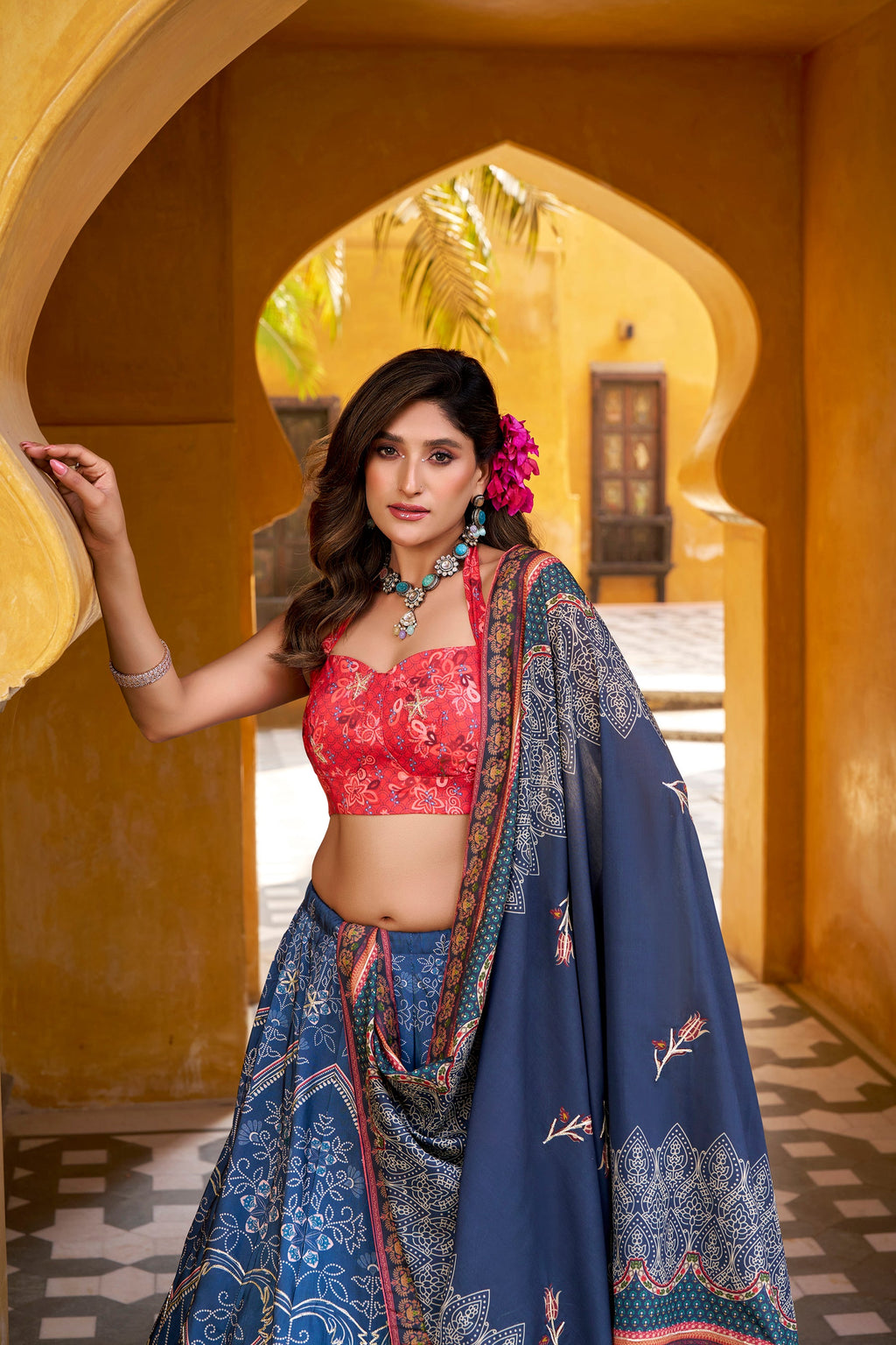 Lorenvalley Fashion Blue Vaishali silk Printed with Beads Work and Gota Patti Lace Lehenga Choli with Dupatta | Grocsy