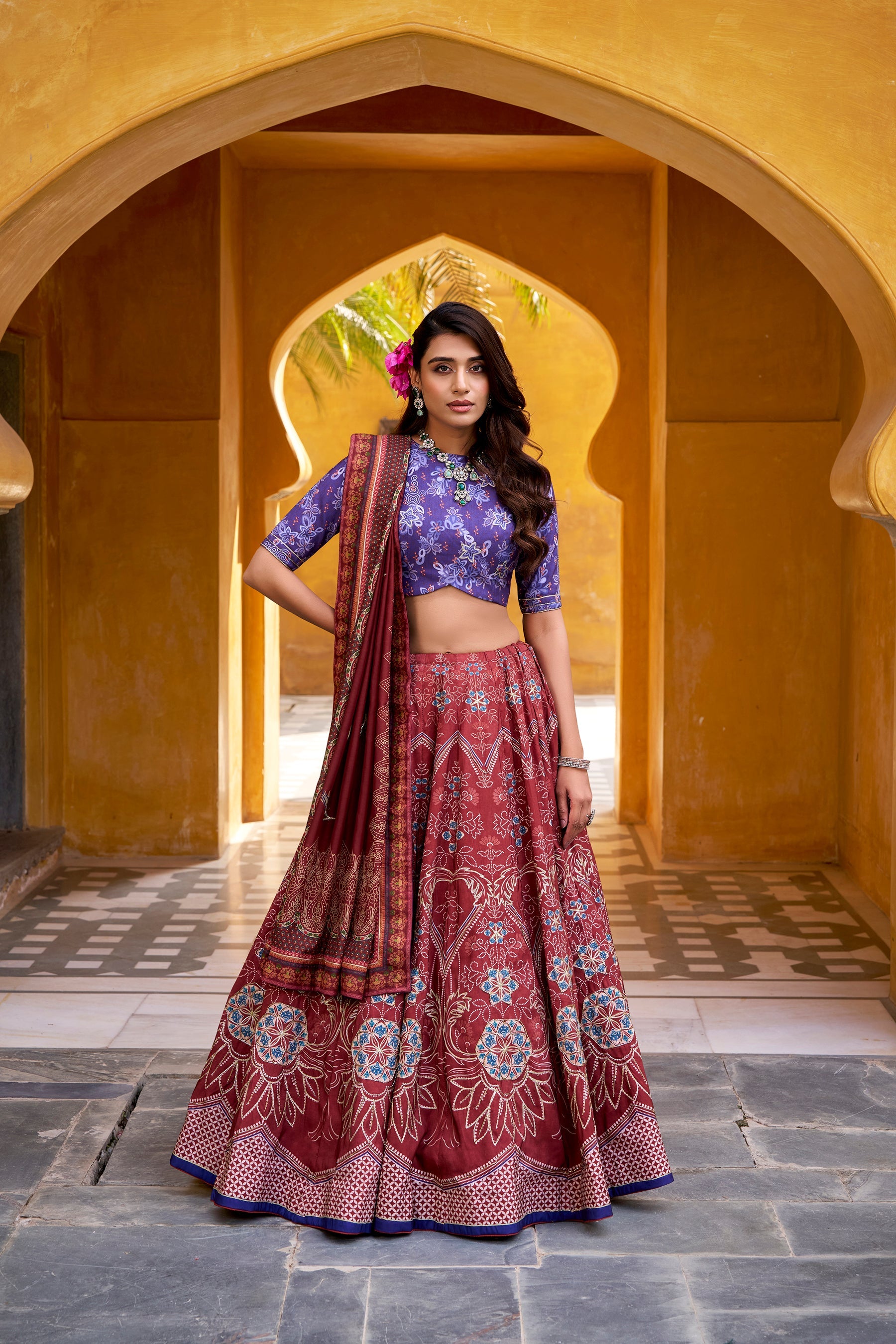 Lorenvalley Fashion Maroon Vaishali silk Printed with Beads Work and Gota Patti Lace Lehenga Choli with Dupatta | Grocsy