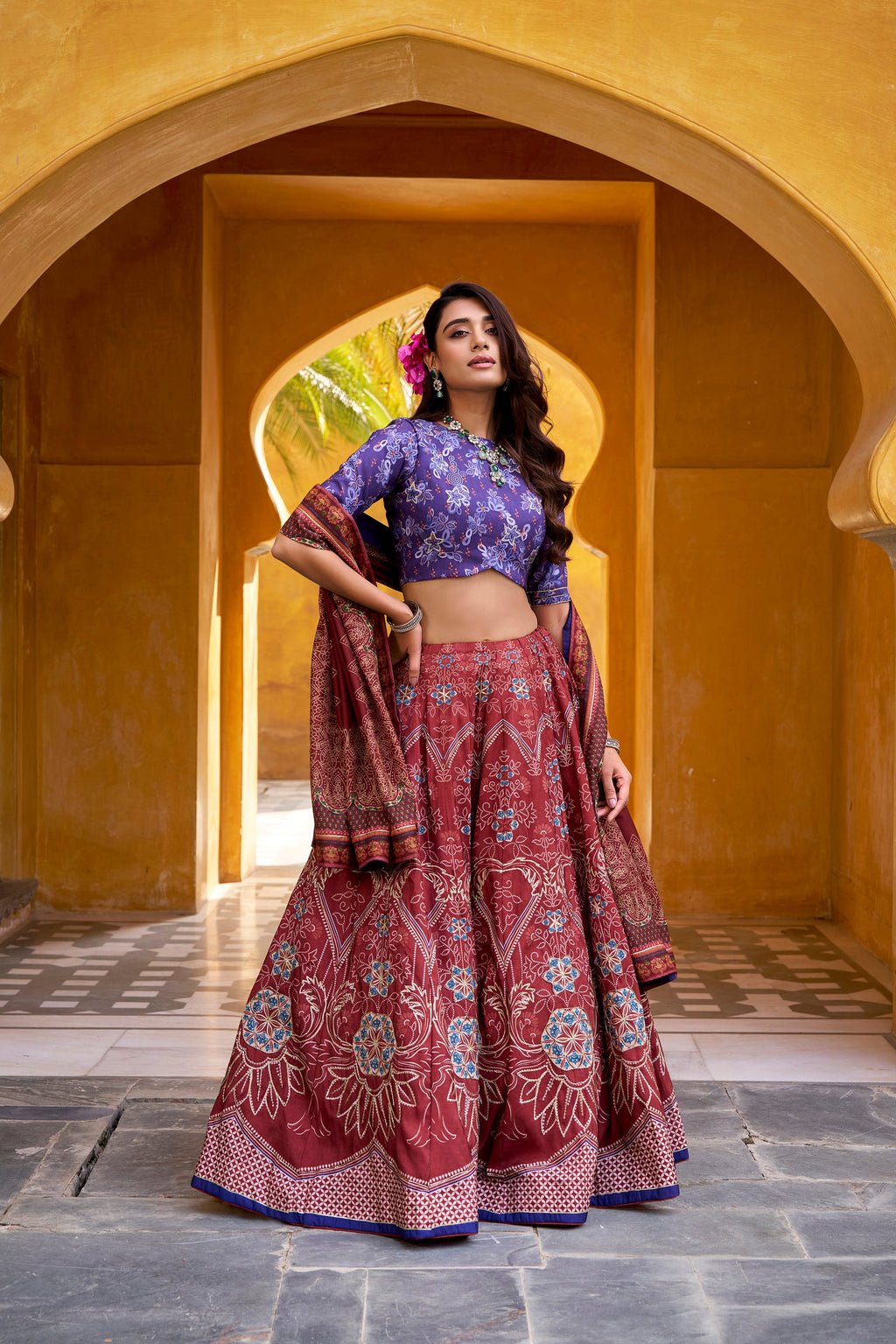 Lorenvalley Fashion Maroon Vaishali silk Printed with Beads Work and Gota Patti Lace Lehenga Choli with Dupatta | Grocsy